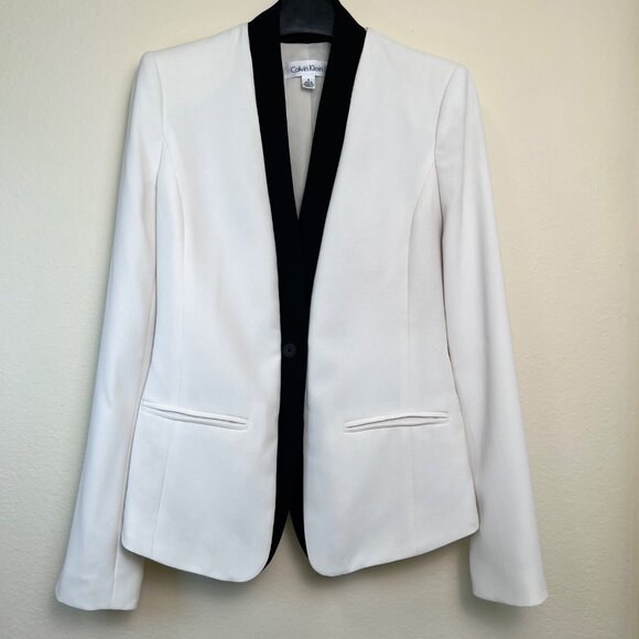 CALVIN KLEIN White & Black Tuxedo Style Blazer Jacket Women's Size 4 Polyester - Picture 6 of 7